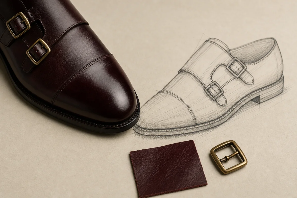 Double-monk shoe beside its design sketch