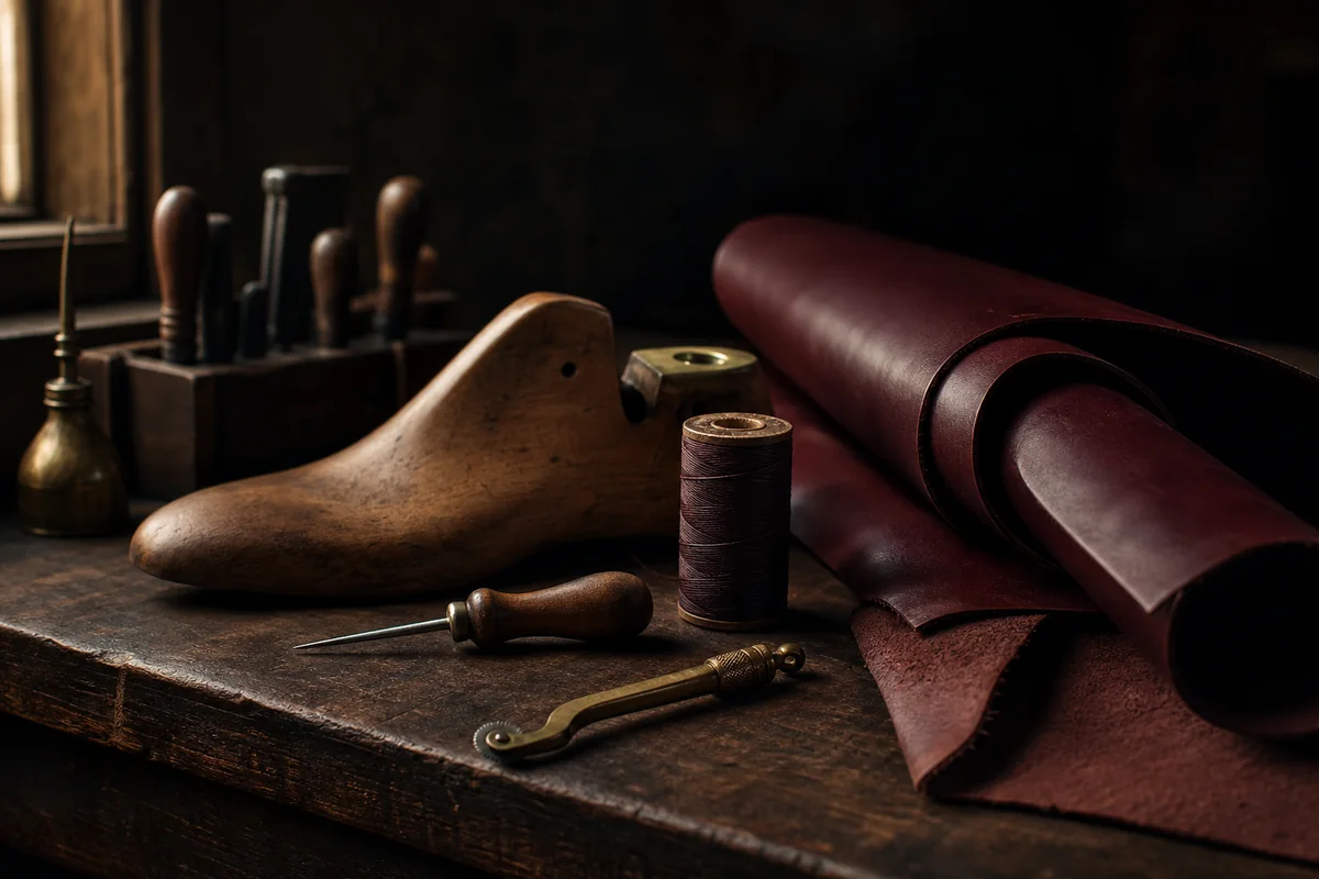 Oxblood leather, wooden last, thread, and traditional shoemaking tools