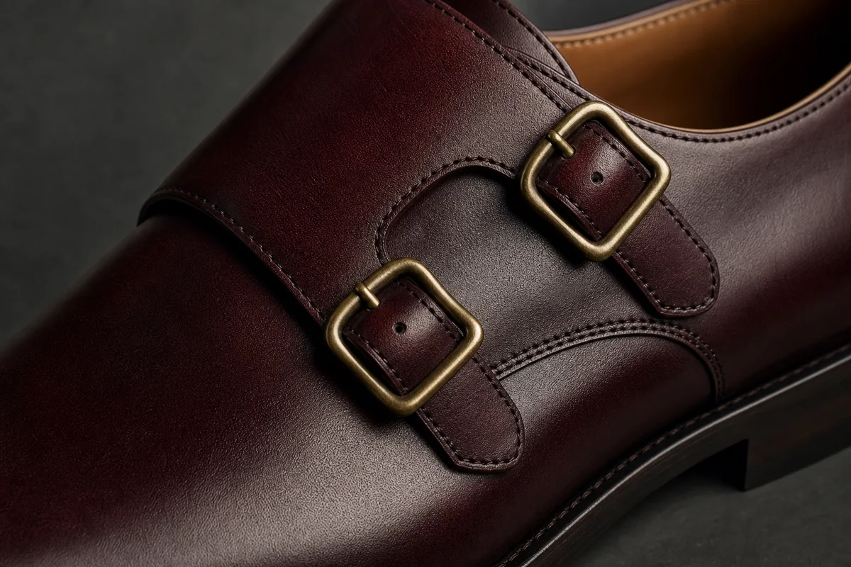 Refined double-monk buckles and leather construction