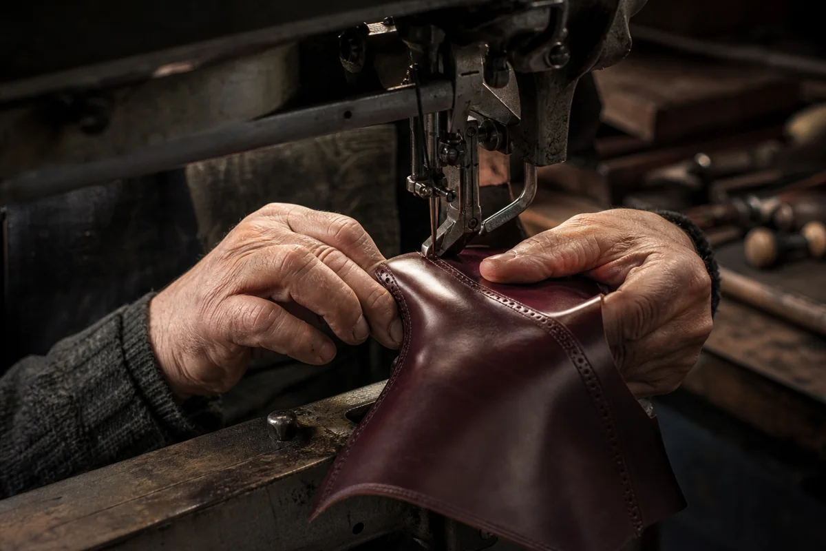 Shoemaker sewing an oxblood leather upper