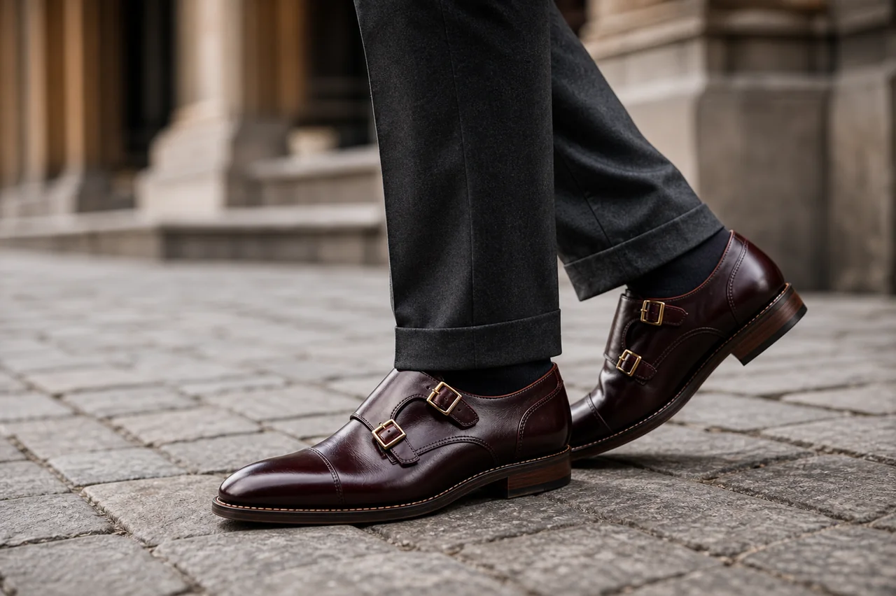 Oxblood handmade shoes worn on a city walk