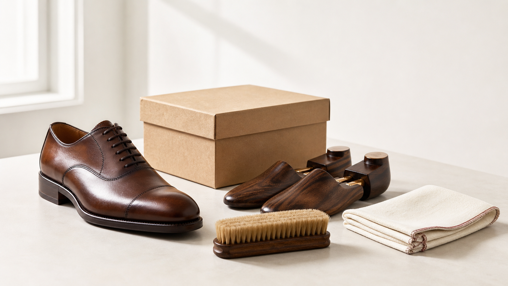 A handcrafted Oxford shoe with shoe trees, care brush, cloth, and shipping box