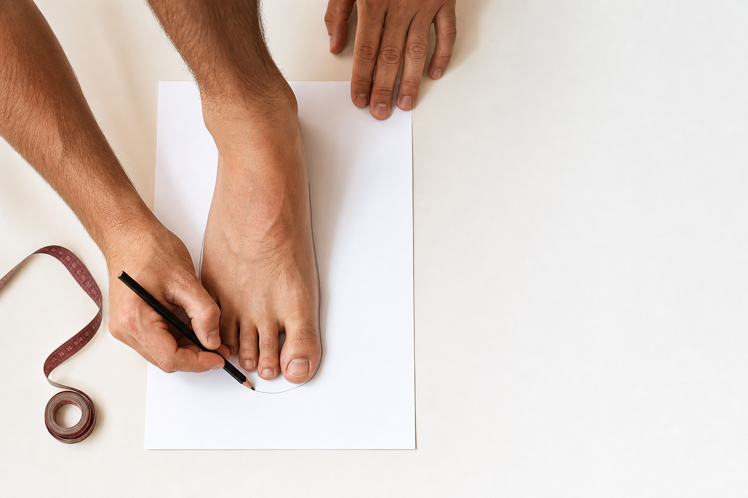 A man tracing his bare foot on paper for made-to-order shoe measurements
