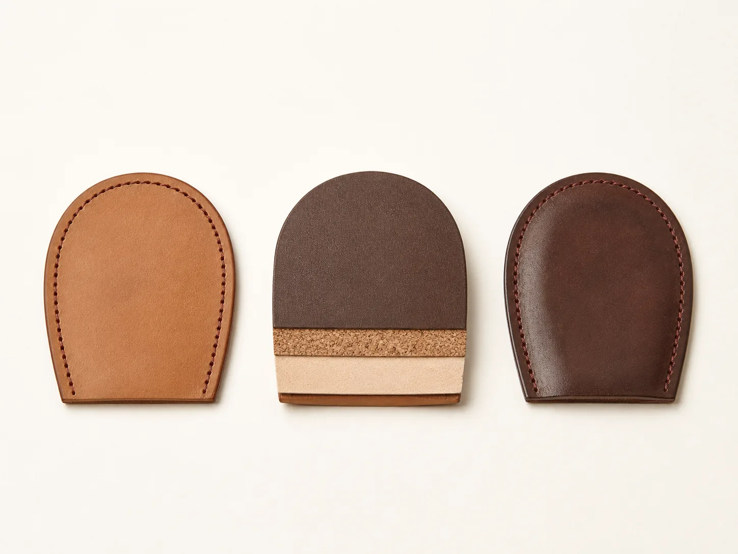 Standard leather heel pad, layered comfort lift, and leather cover