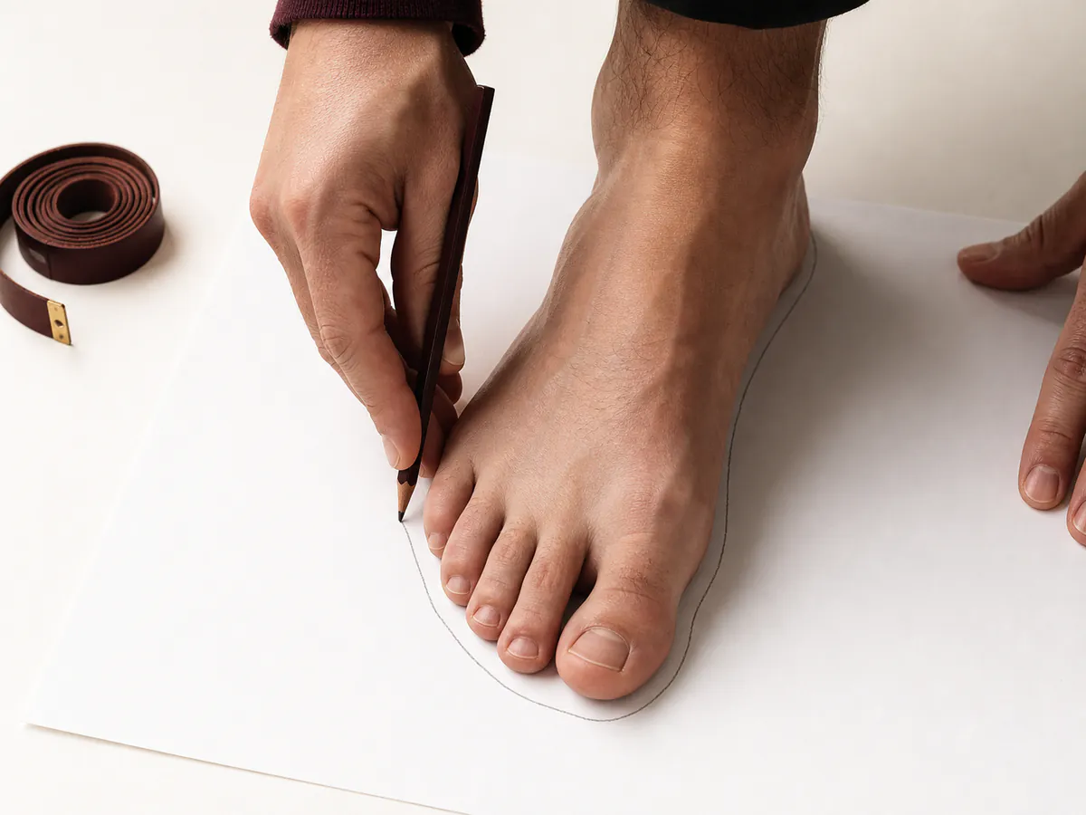 Tracing the outline of a foot on white paper while holding a pencil vertically