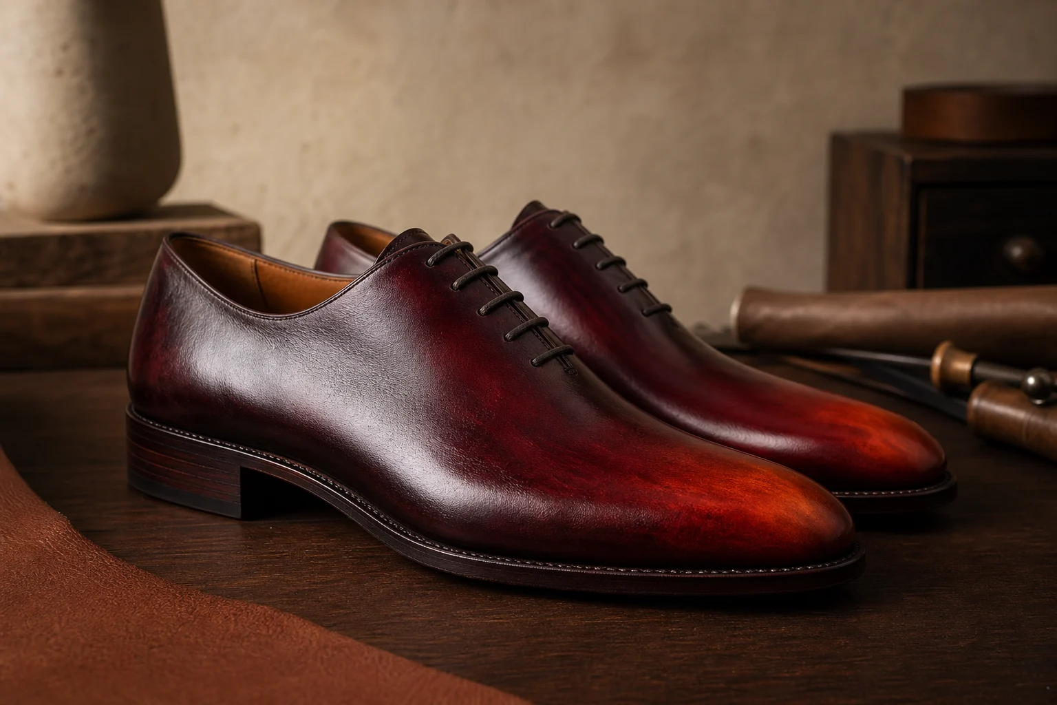 Oxblood wholecut dress shoes with a layered hand-applied patina finish