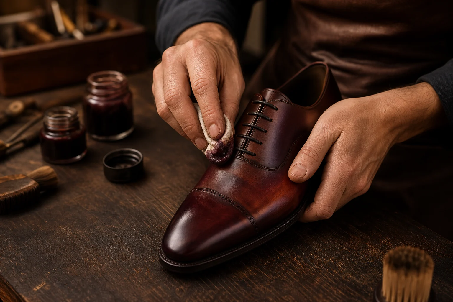 Artisan applying translucent oxblood patina dye to an oxford shoe by hand