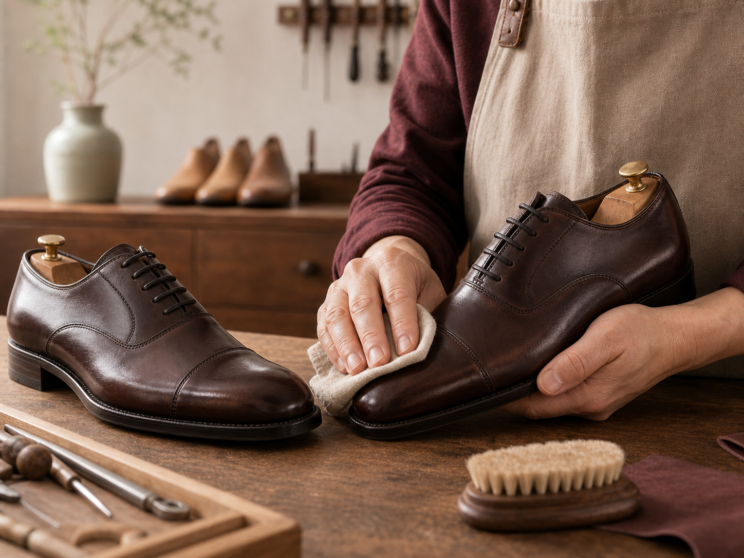 A shoemaker polishing and inspecting a completed pair of walnut-brown Oxford shoes