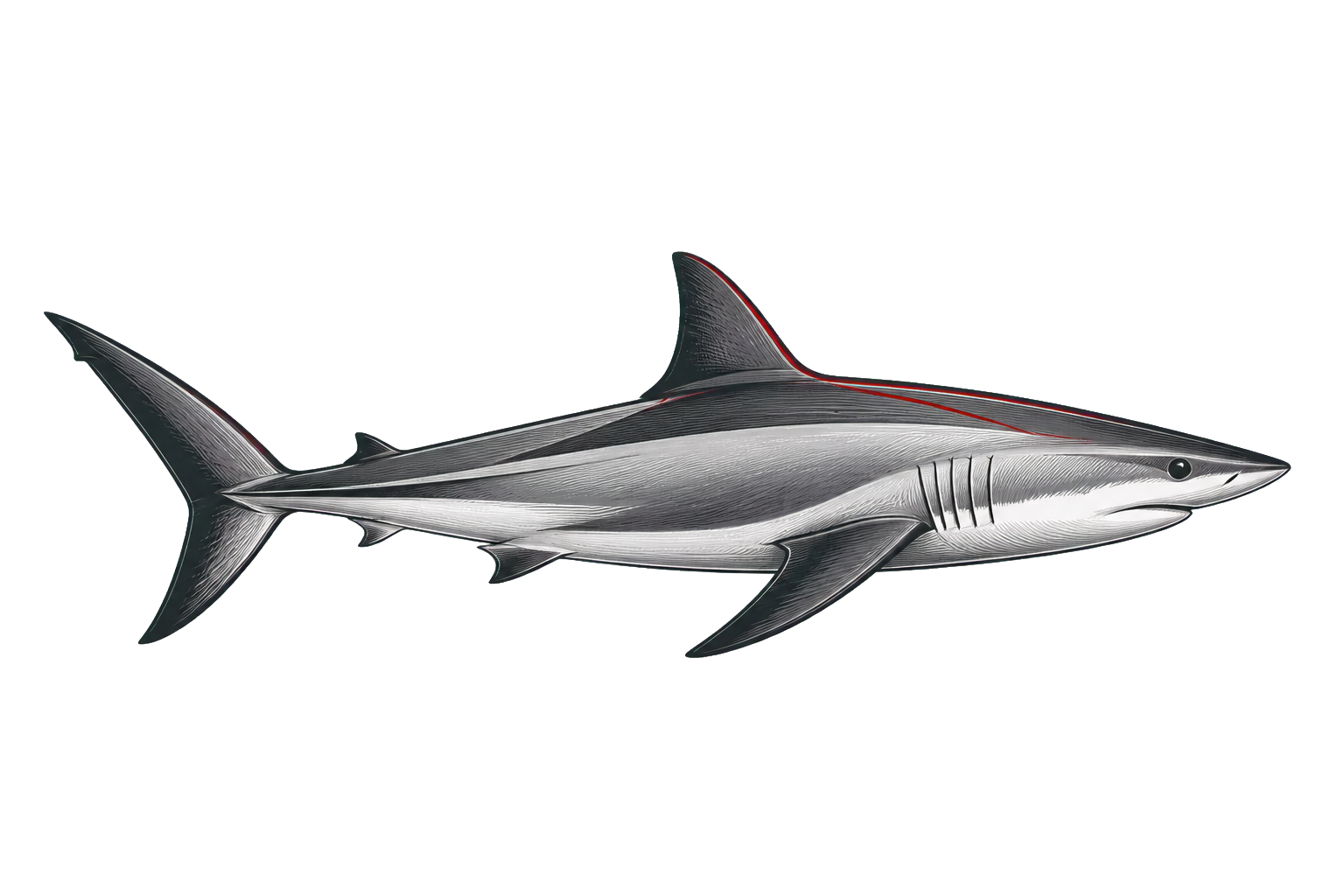 Streamlined shark engraving created for the RedMeteor Shark line
