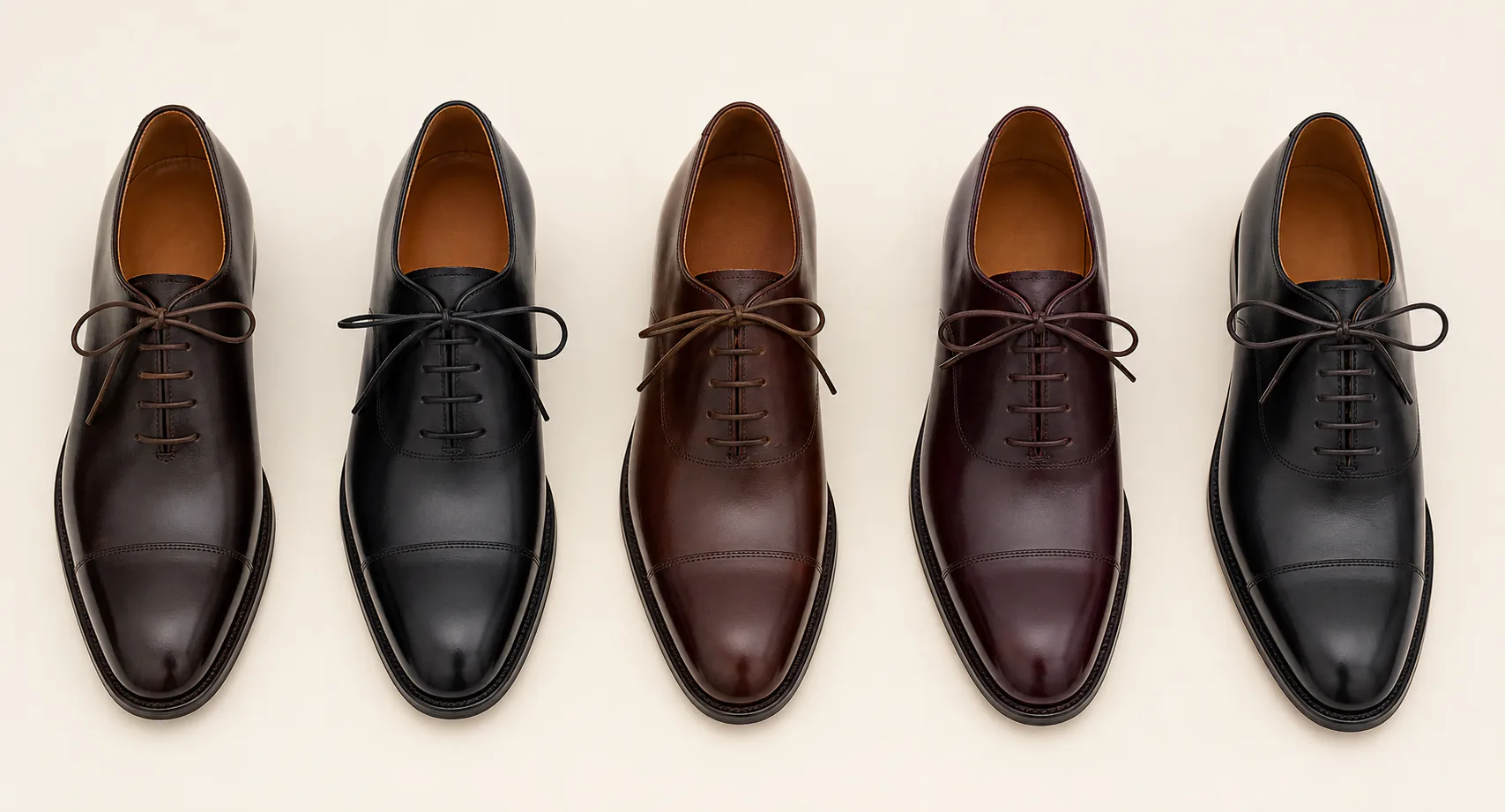 Five polished Oxford dress shoes with neatly finished waxed laces