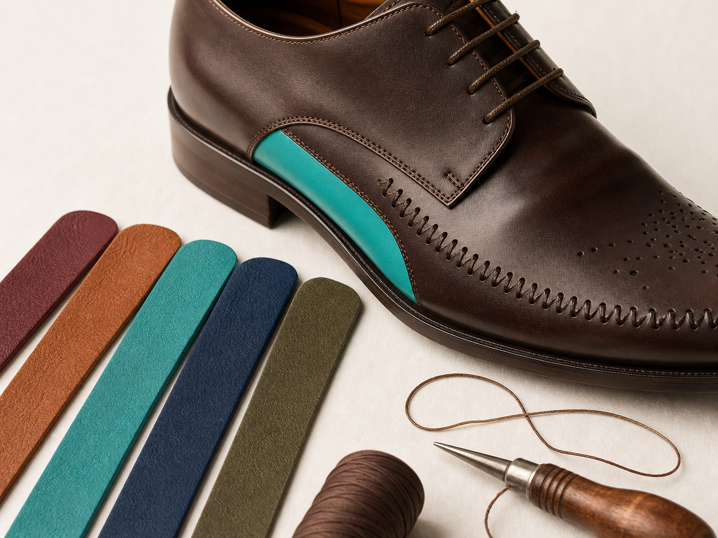 Close-up of a handcrafted Signature Line shoe with leather color samples and shoemaking tools