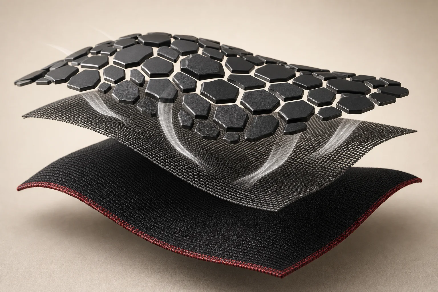 Exploded view of guard plates, mesh and woven textile layers