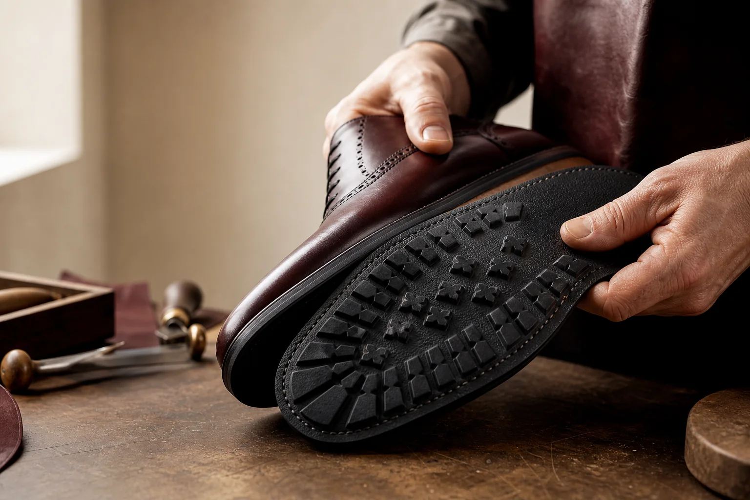 Artisan fitting a textured black rubber outsole to an oxblood leather dress shoe